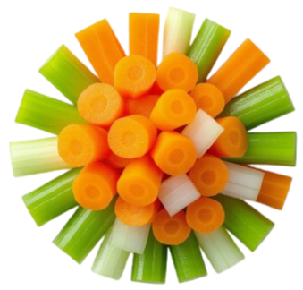Decorative image of garnish, cubed vegtables arranged in a circle