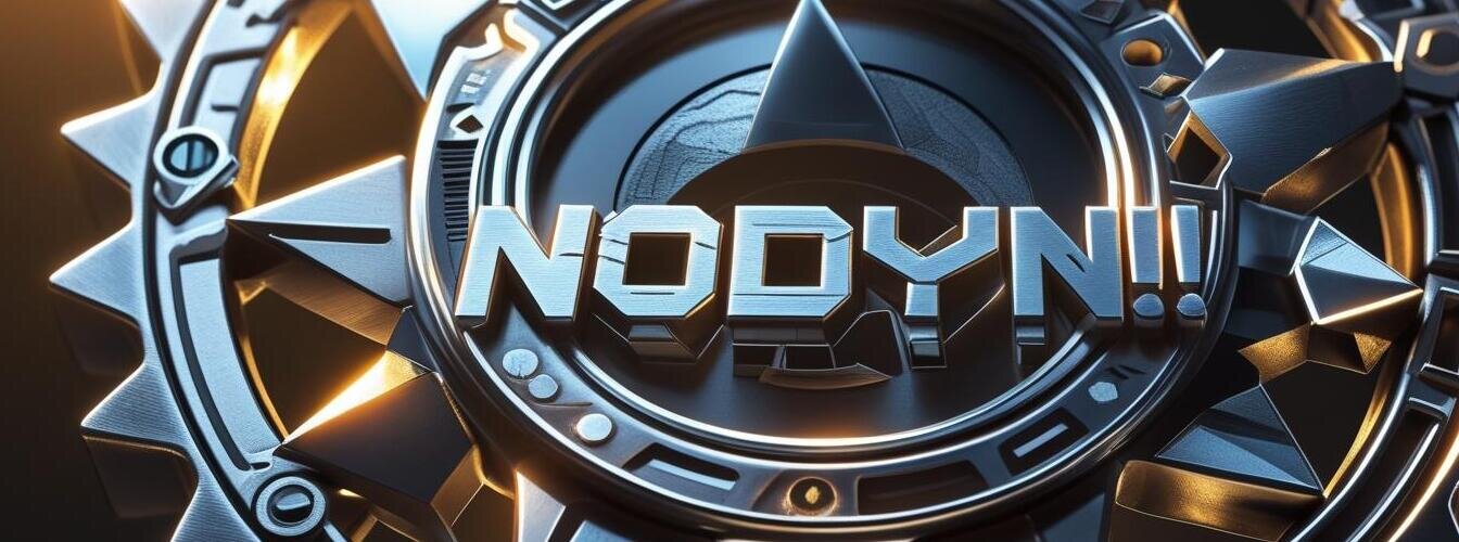 Detail of chromed gear with text nodyn!! inside