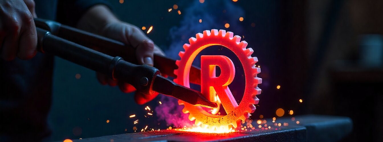A glowing red gear with a 'R' being worked on an anvil