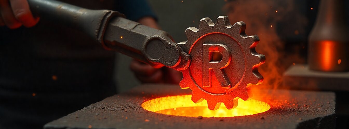 A red hot gear with a 'R' being put in water