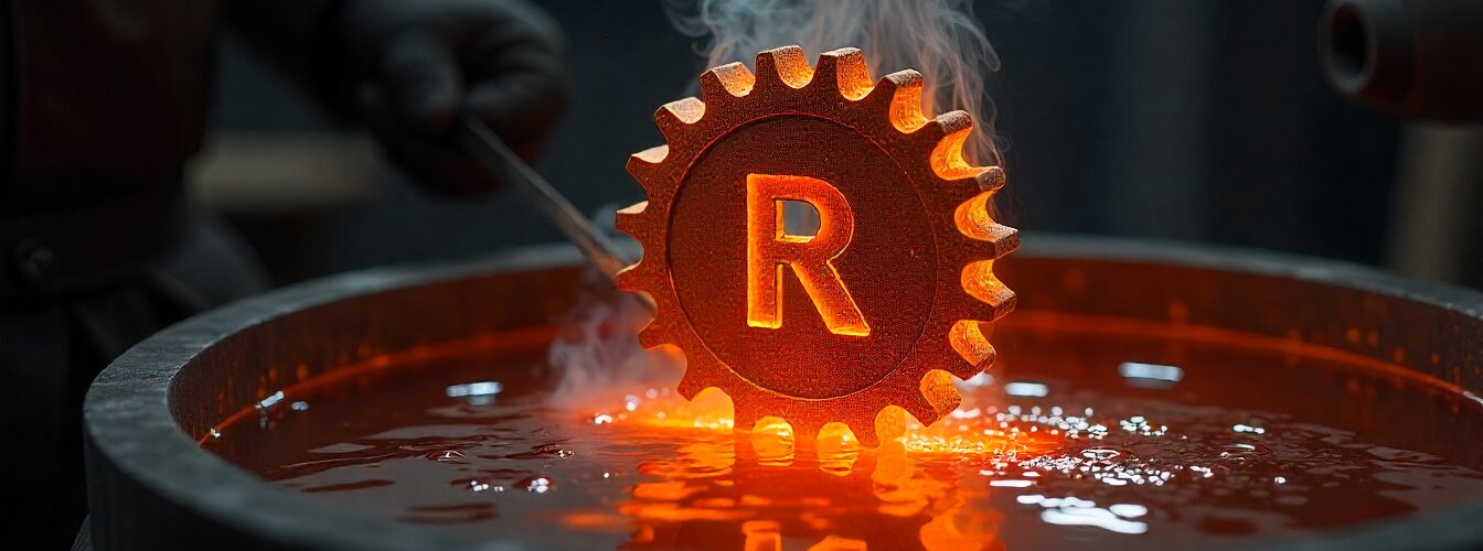 A red hot gear with a 'R' being put in water