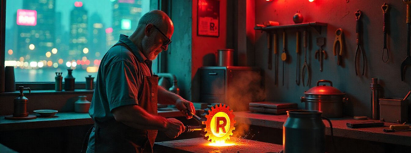 A cyberpunk smidth forging a glowing 'R' gear in a neon-lit workshop overlooking a futuristic city
