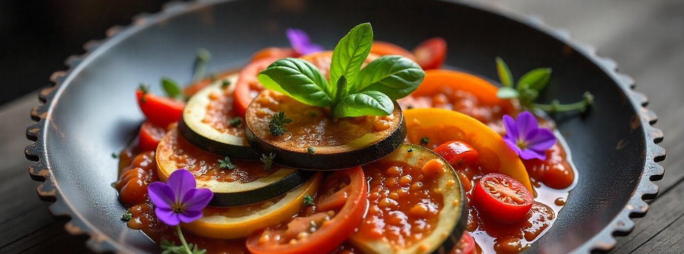 Ratatouille garnished with little purple flowers and basil leaves served in a bowl with a gear shaped edge
